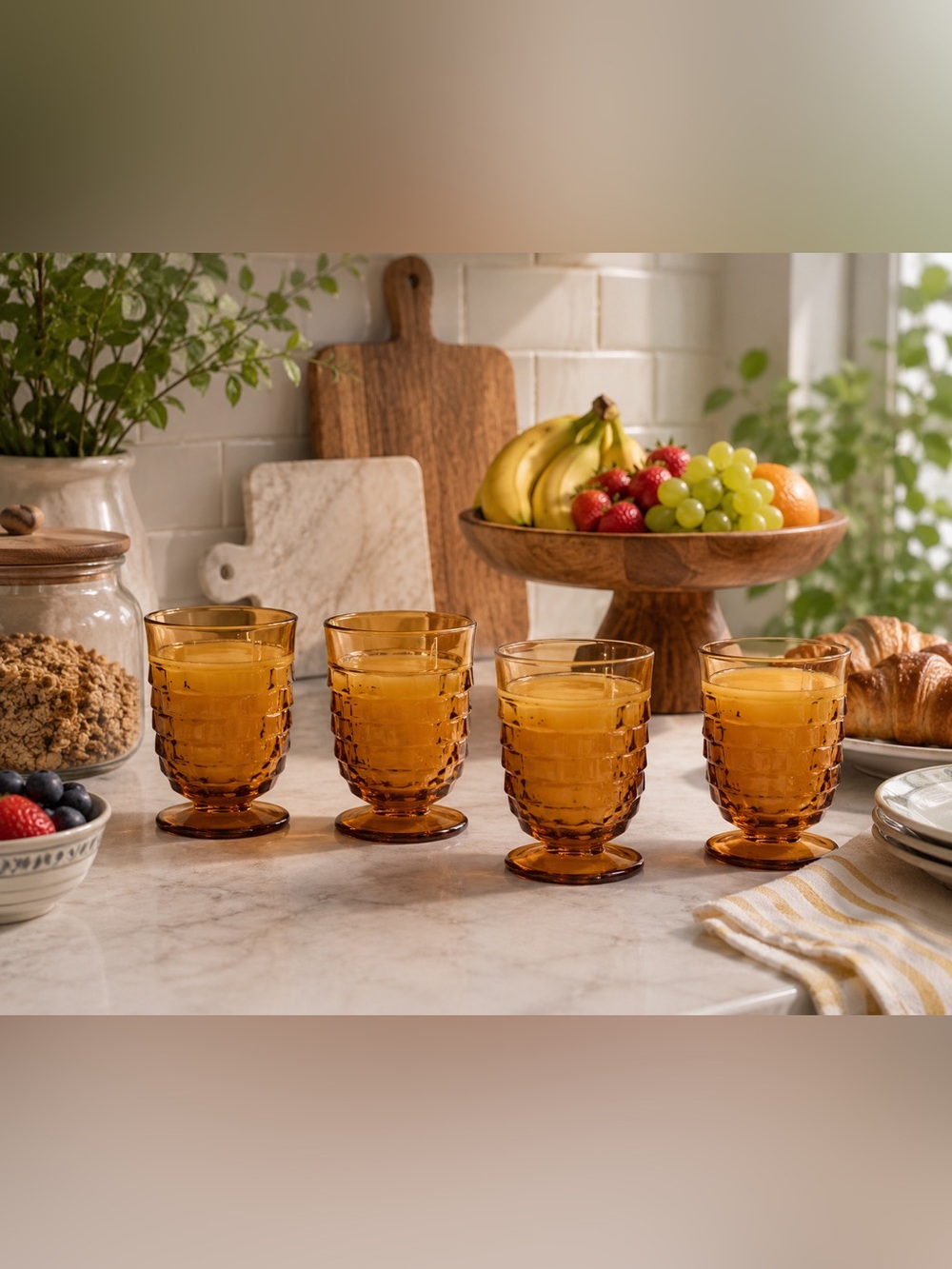 IOB Whitehall 4 pc 5 oz Golden Amber Juice Glass Set #4466 by Indiana Glass